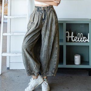 Oli & Hali Mineral Wash Cotton Dark Denim Cropped Baggy Relaxed Fit Jeans